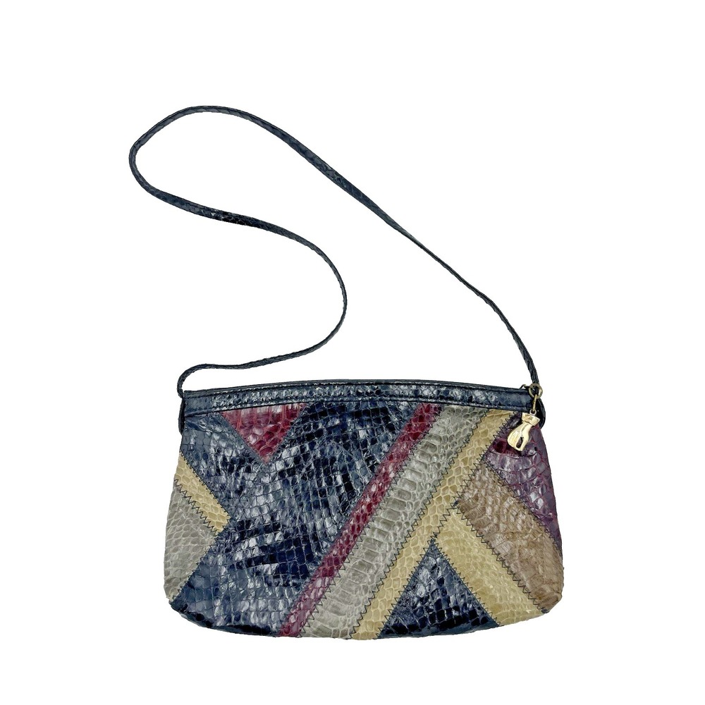 Vintage Amile Leather Snakeskin Patchwork Shoulder Bag Zipe Closure Purse